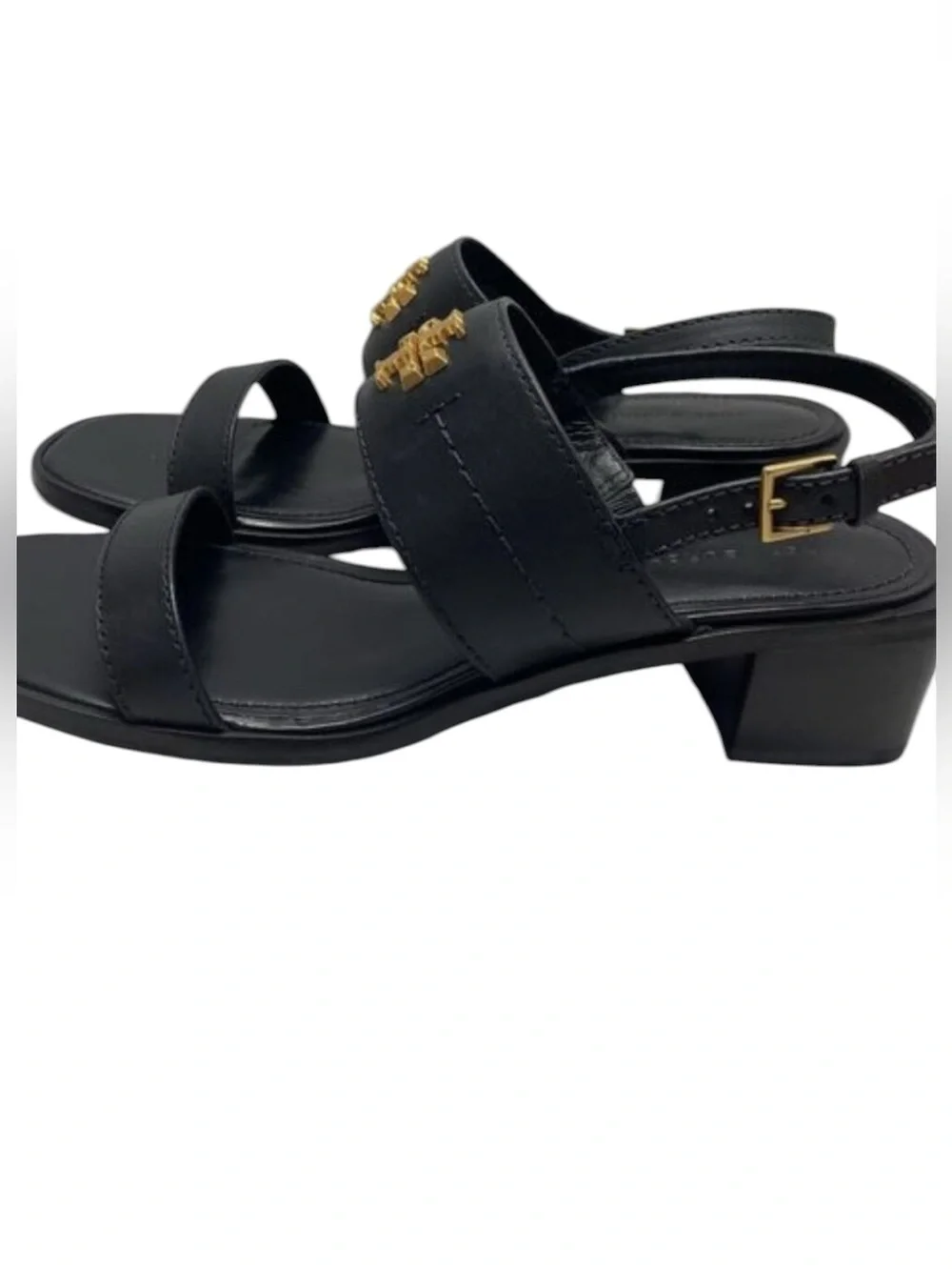 NEW Tory Burch Black Leather Everly Logo Slide Heel Sandals retail $295